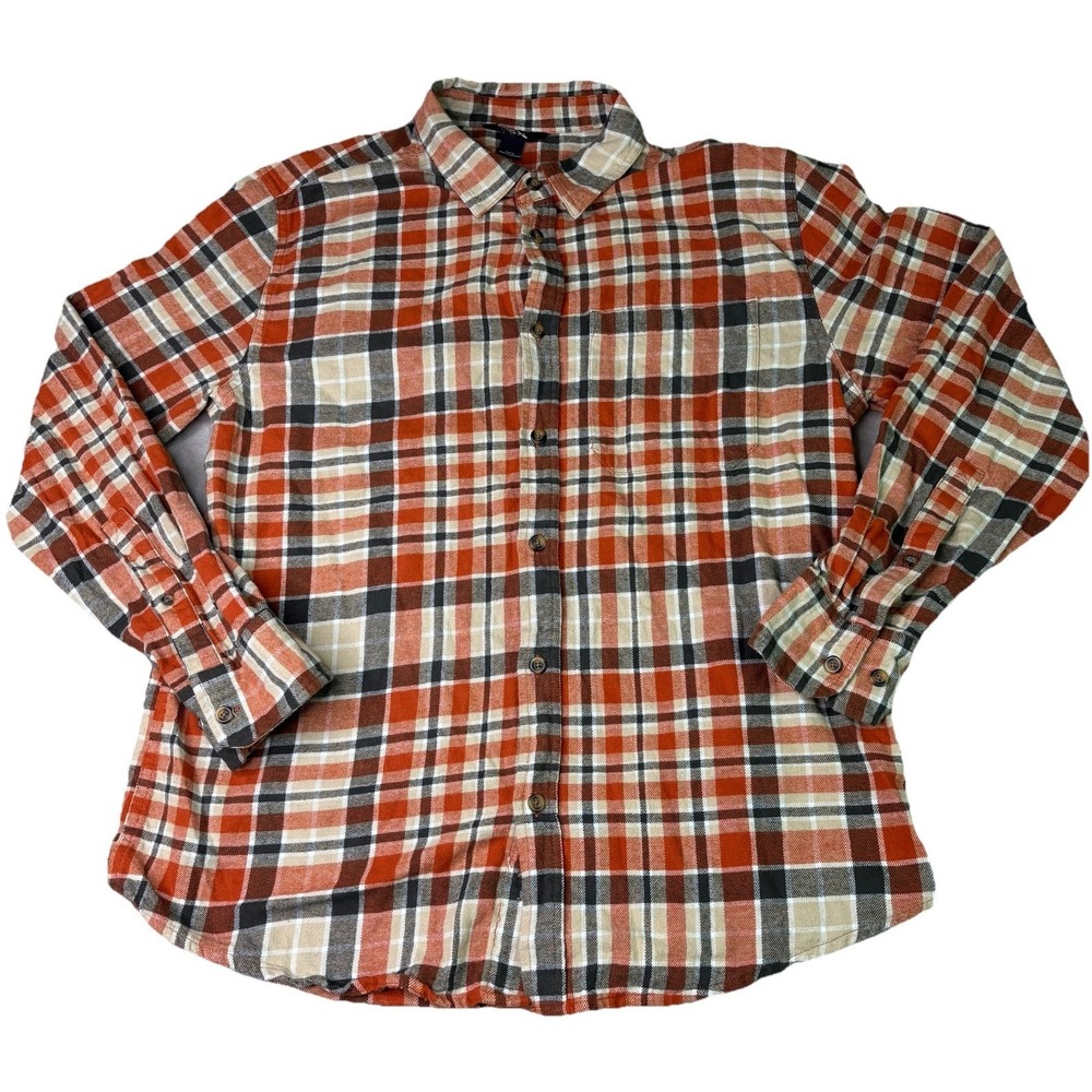 Eddie Bauer Shirt Mens Large Orange Plaid Long Sleeve Button Up Outdoors Flannel